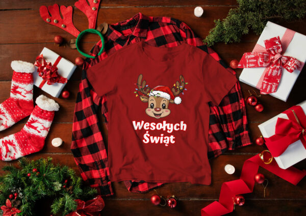 Świąteczna koszulka na Mikołaja prezent pod choinkę RENIFEREK WESOŁYCH ŚWIĄT
