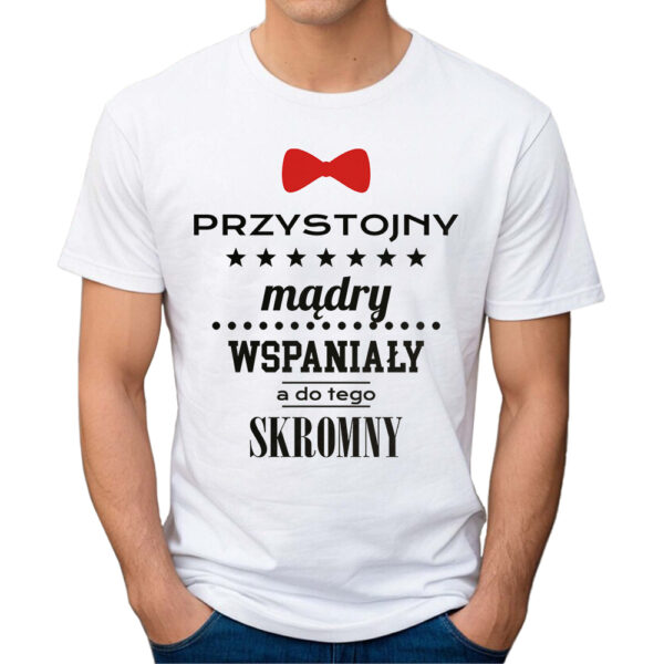 TATA PRZYSTOJNY MĄDRY WSPANIAŁY - koszulka męska z nadrukiem na dzień ojca. Prezent dla Taty.