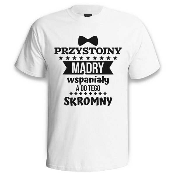 PRZYSTOJNY MĄDRY WSPANIAŁY SKROMNY - śmieszna koszulka męska z nadrukiem. Prezent na urodziny święta walentynki dzień chłopaka dzień ojca.
