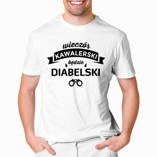 WIECZÓR KAWALERSKI BĘDZIE DIABELSKI - koszulka męska z nadrukiem na wieczór kawalerski. Prezent dla Pana Młodego. Koszulki dla ekipy Pana Młodego