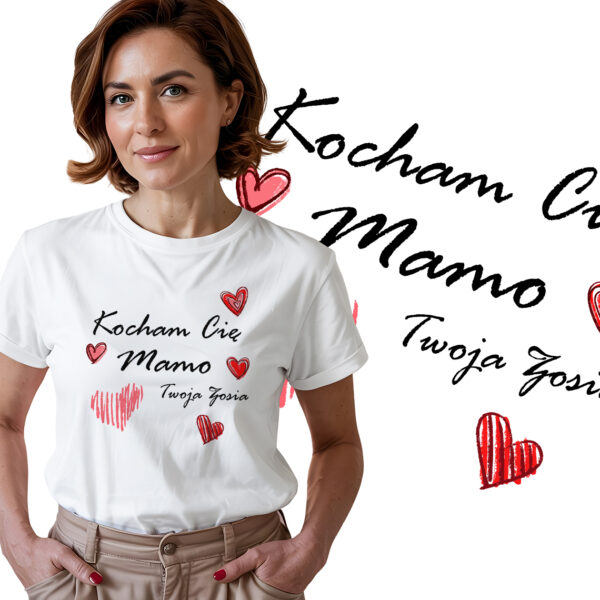 KOCHAM CIĘ MAMO - koszulka damska z nadrukiem. Prezent na dzień mamy, urodziny, święta walentynki dzień kobiet.