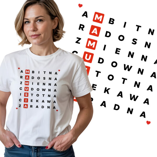 KOSZULKA MAMUSIA CECHY - Koszulka damska z nadrukiem. Prezent na dzień mamy, urodziny, święta walentynki dzień kobiet.
