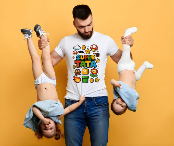 Koszulka „SUPER TATA” w stylu Mario Bros – retro prezent dla taty‑gracza