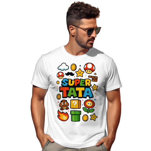 Koszulka „SUPER TATA” w stylu Mario Bros – retro prezent dla taty‑gracza