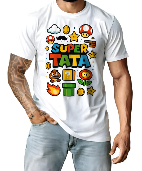 Koszulka „SUPER TATA” w stylu Mario Bros – retro prezent dla taty‑gracza