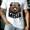 Koszulka z nadrukiem „NIE DRAŻNIJ MISIA” i grafiką głowy misia – zabawny t‑shirt