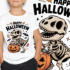 Koszulka dziecięca z napisem „Happy Halloween” i grafiką szkieletu dinozaura z cukierkami