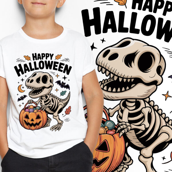 Koszulka dziecięca z napisem „Happy Halloween” i grafiką szkieletu dinozaura z cukierkami