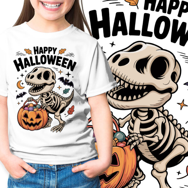 Koszulka dziecięca z napisem „Happy Halloween” i grafiką szkieletu dinozaura z cukierkami