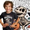 Koszulka dziecięca z napisem „Happy Halloween” i grafiką szkieletu dinozaura z cukierkami