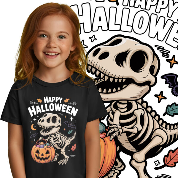 Koszulka dziecięca z napisem „Happy Halloween” i grafiką szkieletu dinozaura z cukierkami