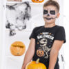 Koszulka dziecięca z napisem „Happy Halloween” i grafiką szkieletu dinozaura z cukierkami