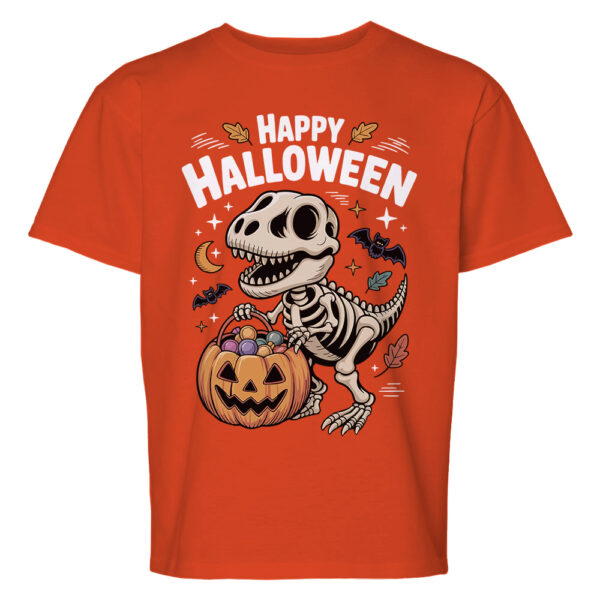 Koszulka dziecięca z napisem „Happy Halloween” i grafiką szkieletu dinozaura z cukierkami