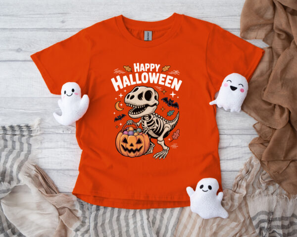 Koszulka dziecięca z napisem „Happy Halloween” i grafiką szkieletu dinozaura z cukierkami