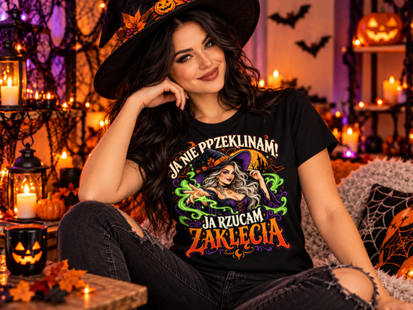 Koszulka damska na Halloween z czarownicą, zielonymi zaklęciami i napisem Ja nie przeklinam, ja rzucam zaklęcia