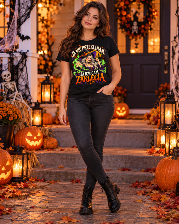 Koszulka damska na Halloween z czarownicą, zielonymi zaklęciami i napisem Ja nie przeklinam, ja rzucam zaklęcia